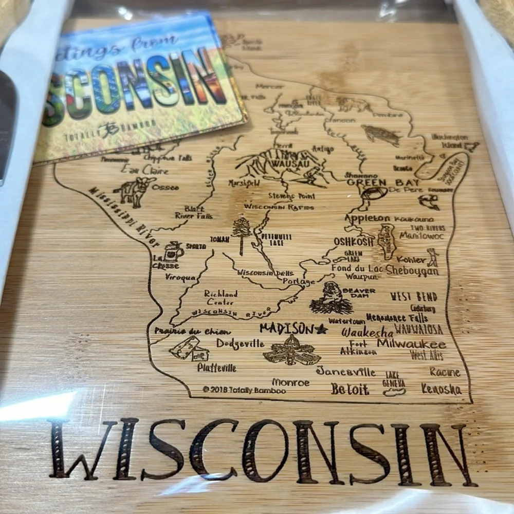 Totally Bamboo Wisconsin Slice of Life Cutting Board & 4 piece Cheese Tool Set